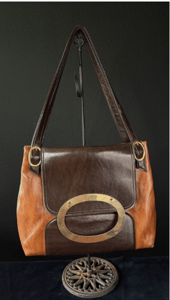 Vintage 1960s large brown vinyl purse shoulder bag two tone faux leather orange