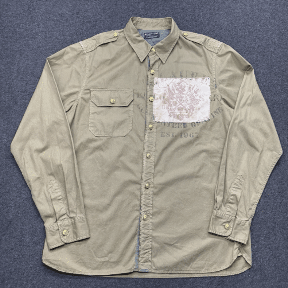 Polo Jeans Co Ralph Lauren Military Shirt Men L Khaki Patch Gold Buttons