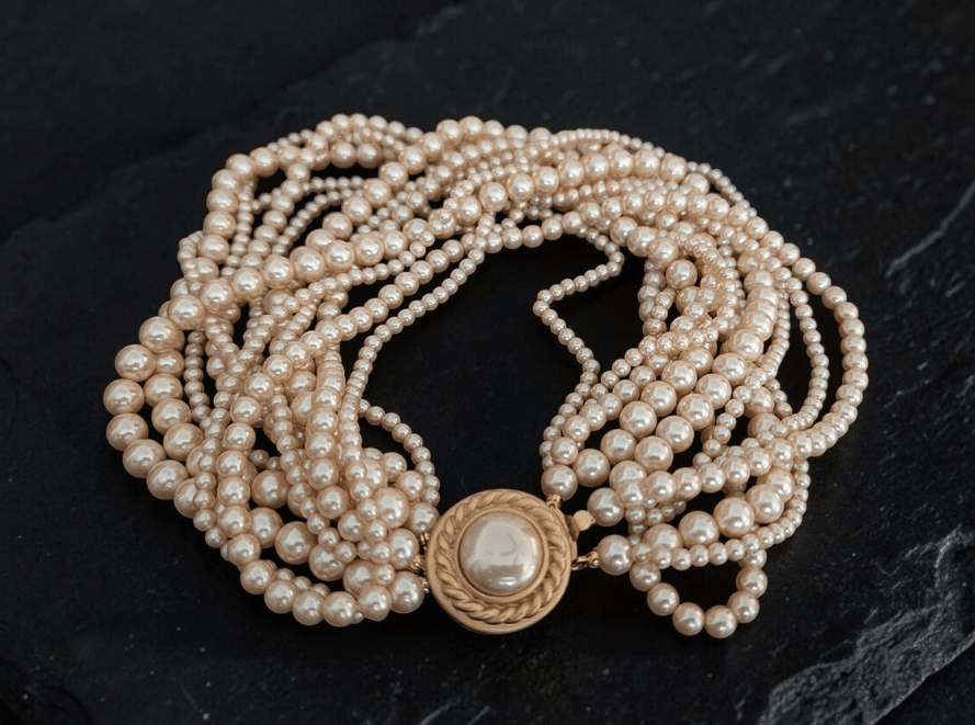 Vintage Carolee 12 Strand Pearl Choker Necklace | Multi Strand Faux Pearl Gold Rope Box Clasp Statement Choker