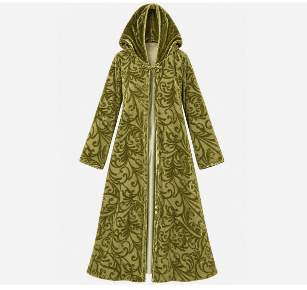 VTG Lucy's Silk Green Burnout Velvet Hooded Duster Coat Cloak Robe