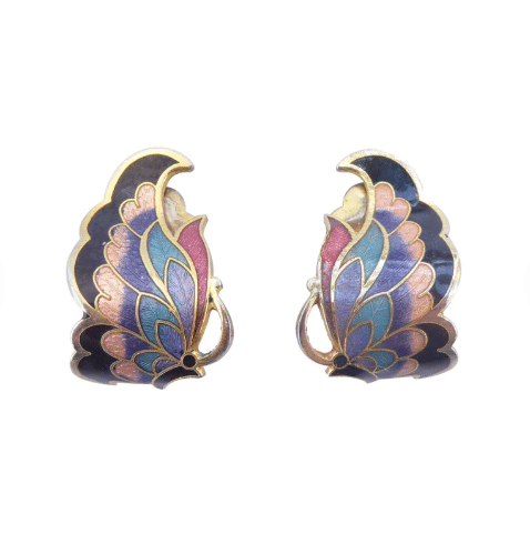 1980s Vintage colourful enamel butterfly wing sculptural statement clip on earrings