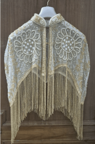 Vintage Golden White Beaded Mesh Caplet Collar Scarf with Fringe & Sequins