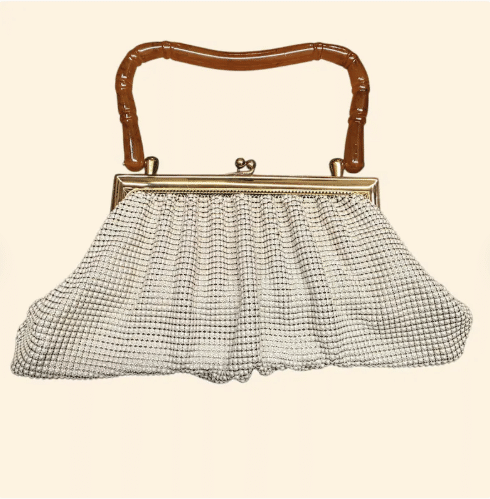 1960s Whiting and Davis Ivory Chain Mail Handbag kiss lock