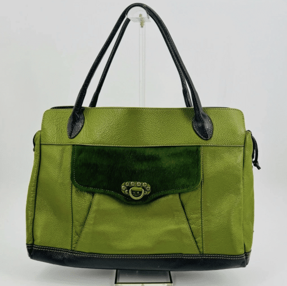Sofia C Italian Leather & Pony Hair Large Tote Bag Green Brown Vintage