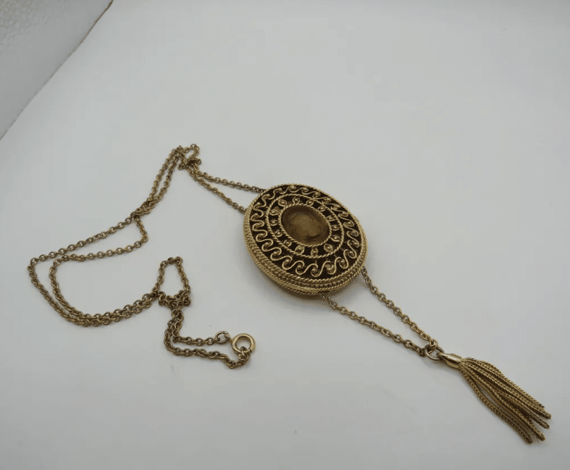 spectacular gold tone locket style necklace with amber glass intaglio, perfume locket,