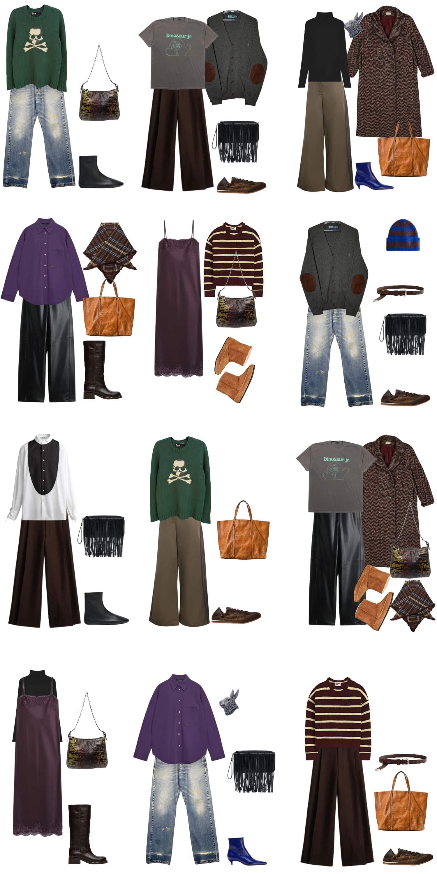 A white background with 12 outfits for The Amateur: A Creative Winter Capsule Wardrobe.