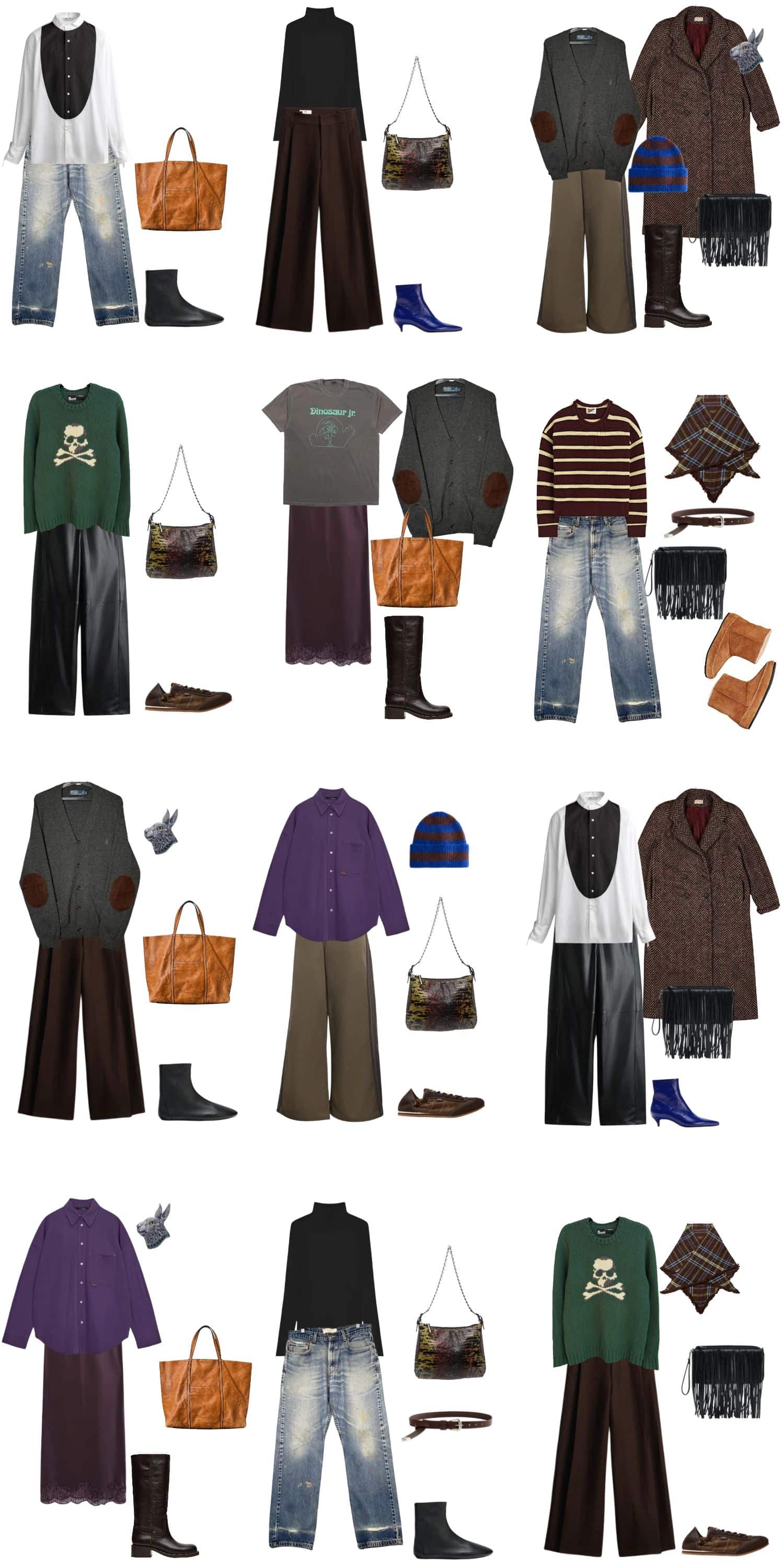 A white background with 12 outfits for The Amateur: A Creative Winter Capsule Wardrobe.