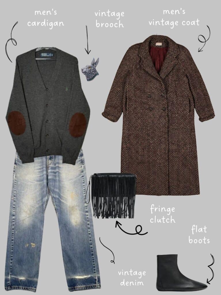 A photo of an outfit of a men's grey elbow patch cardigan with vintage Levi's, a men's herringbone coat, a vintage rabbit brooch, a black fringe clutch, and black flat boots.