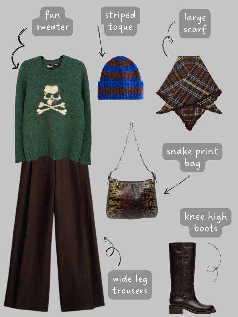 A photo of an outfit of a green sweater with a skull on it, wide leg brown trousers, a striped toque, a brown plaid oversized scarf, snake print shoulder bag, and brown knee high boots.