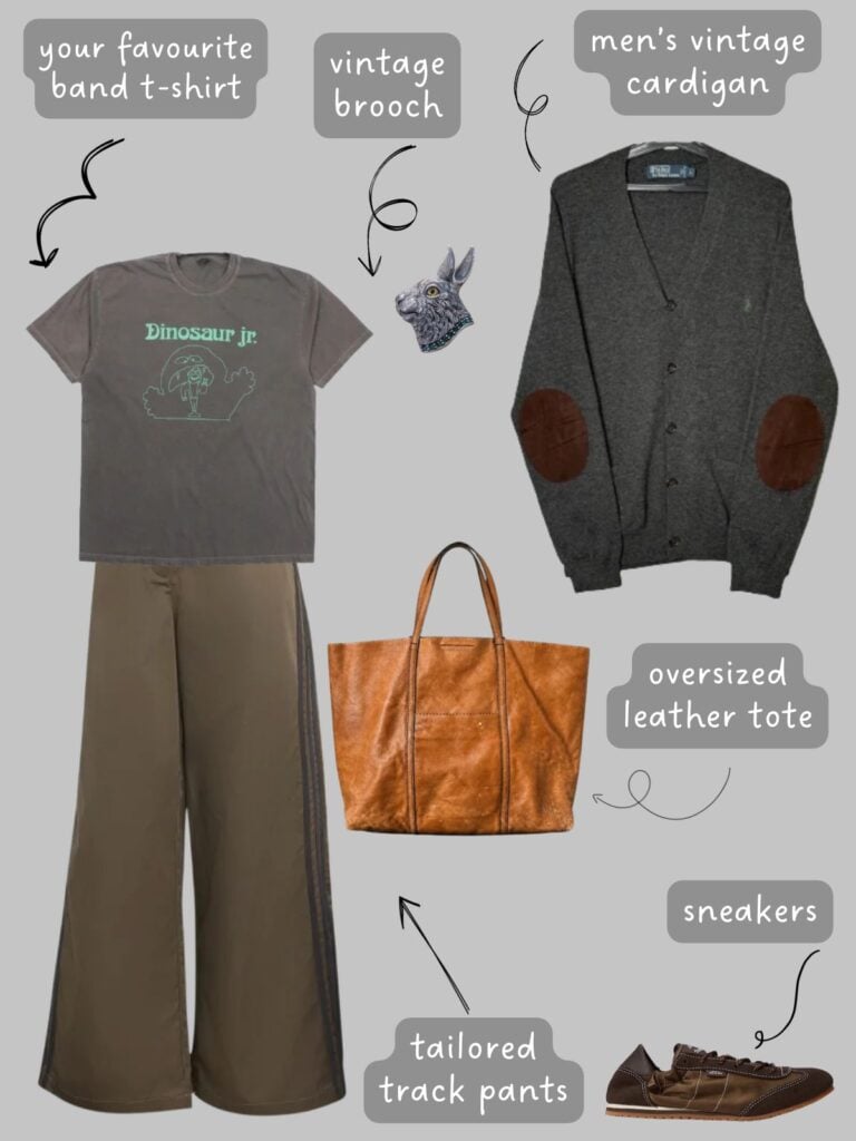 A photo of an outfit of a Dinosaur Jr t-shirt with tailored adidas track pants, a men's elbow patch cardigan, vintage rabbit brooch, a large leather tote, and brown sneakers.