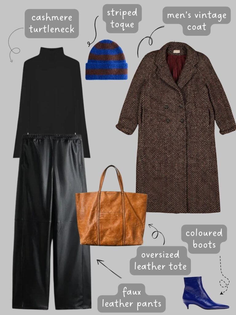 A photo of an outfit of a black turtleneck with faux leather trousers, a men's herringbone coat, striped toque, a vintage leather tote, and blue kitten heel boots.