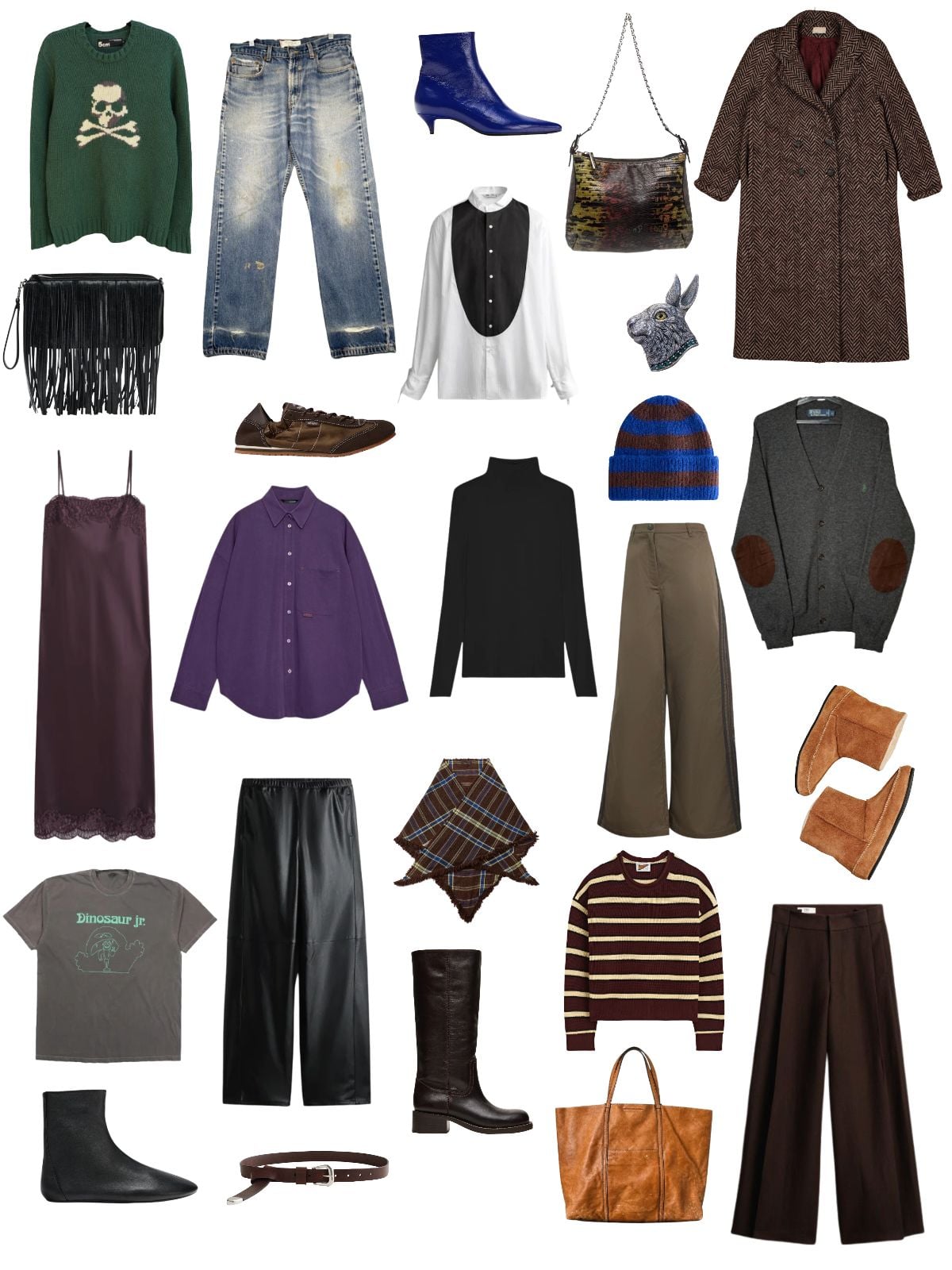 A white background with 12 clothing items plus shoes and accessories for The Amateur: A Creative Winter Capsule Wardrobe.