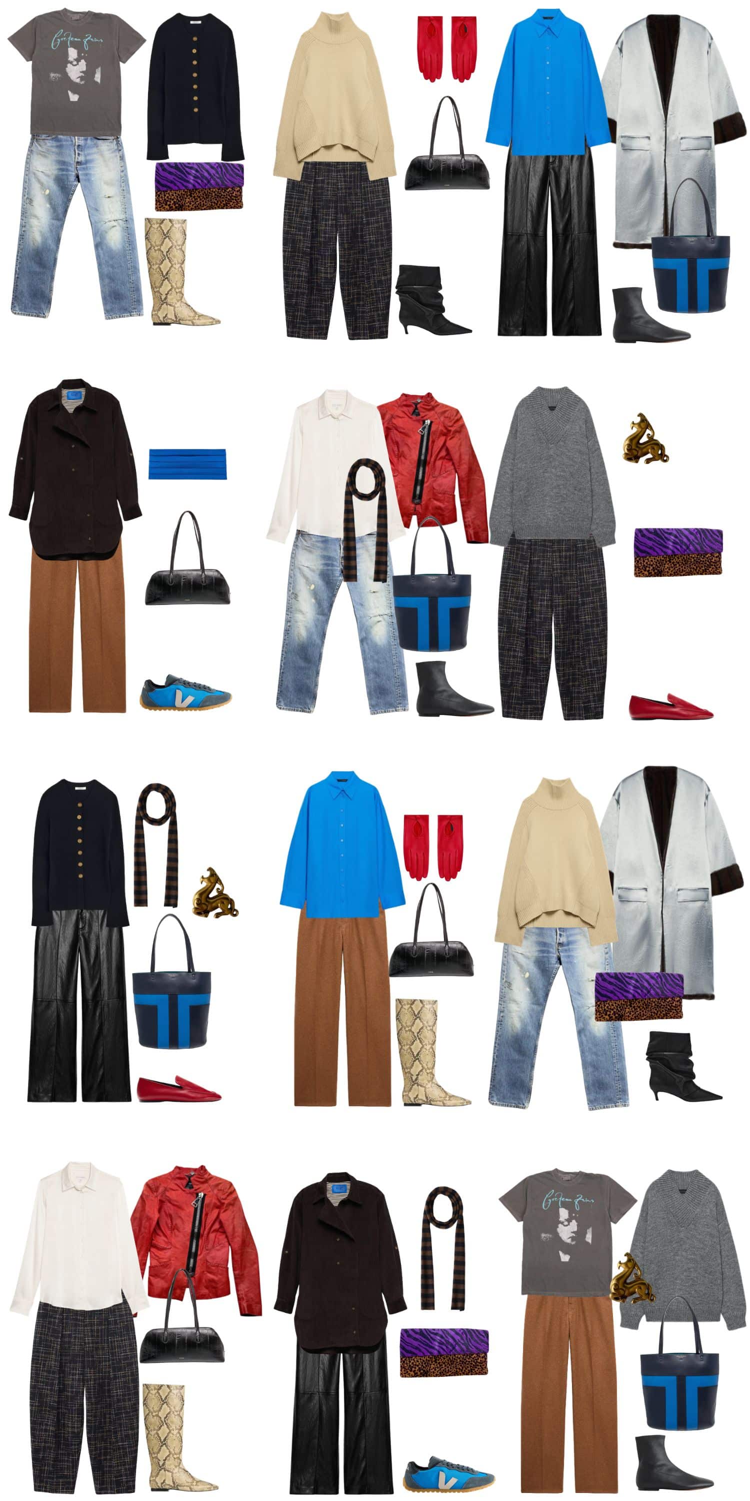 A white background with 12 outfits for The Bad Influence Fall Capsule Wardrobe.