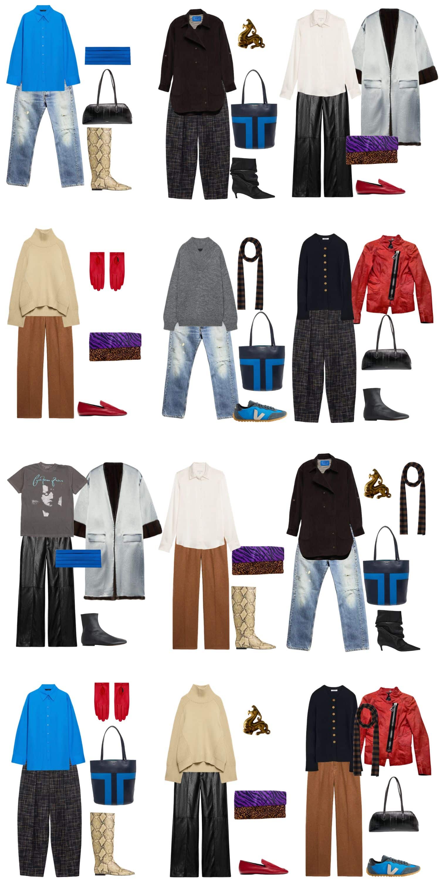 A white background with 12 outfits for The Bad Influence Fall Capsule Wardrobe.