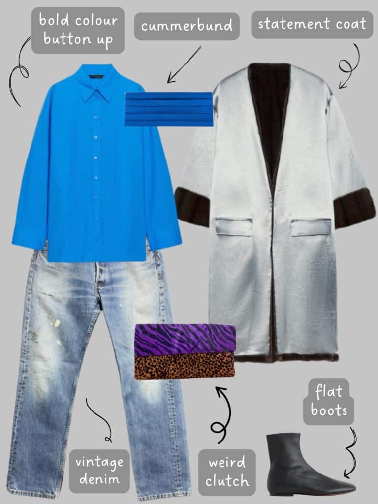 A photo of an outfit of an oversized bright blue button up, and vintage Levis. A cobalt clue cummerbund, silver statement coat, flat black boots, and a multi colour animal print clutch.