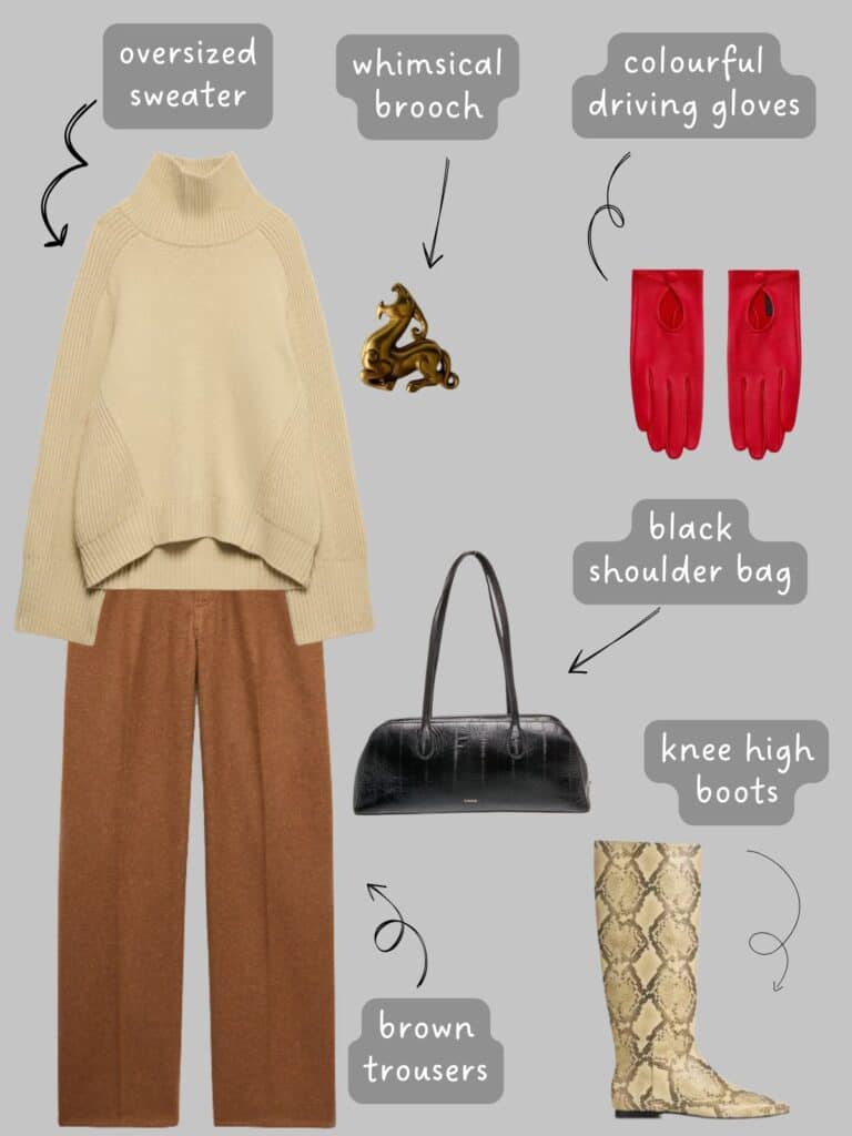 A photo of an outfit of an oversized beige turtleneck sweater, camel coloured trousers, knee high snake print boots, a vintage Bixie brooch, red leather driving gloves, and a small black shoulder bag.