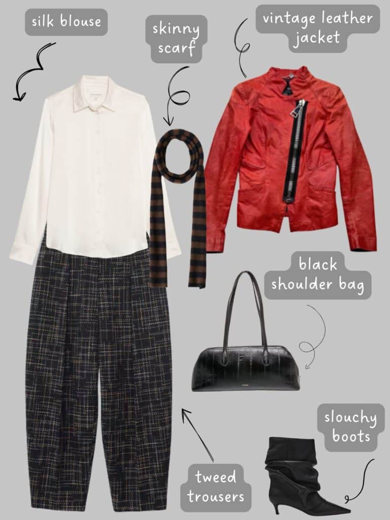 A photo of an outfit of an ivory silk blouse, with black tweed trousers, a red vintage leather jacket, a striped borwn and black knit skinny scarf, small black shoulder bag, and black kitten heel slouchy boots.