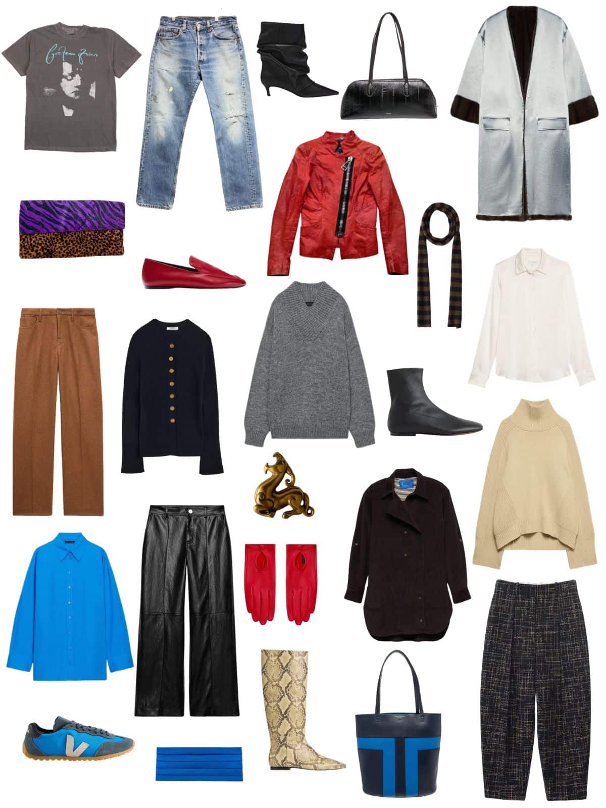 A white background with 12 pieces plus shoes and accessories for The Bad Influence Fall Capsule Wardrobe.