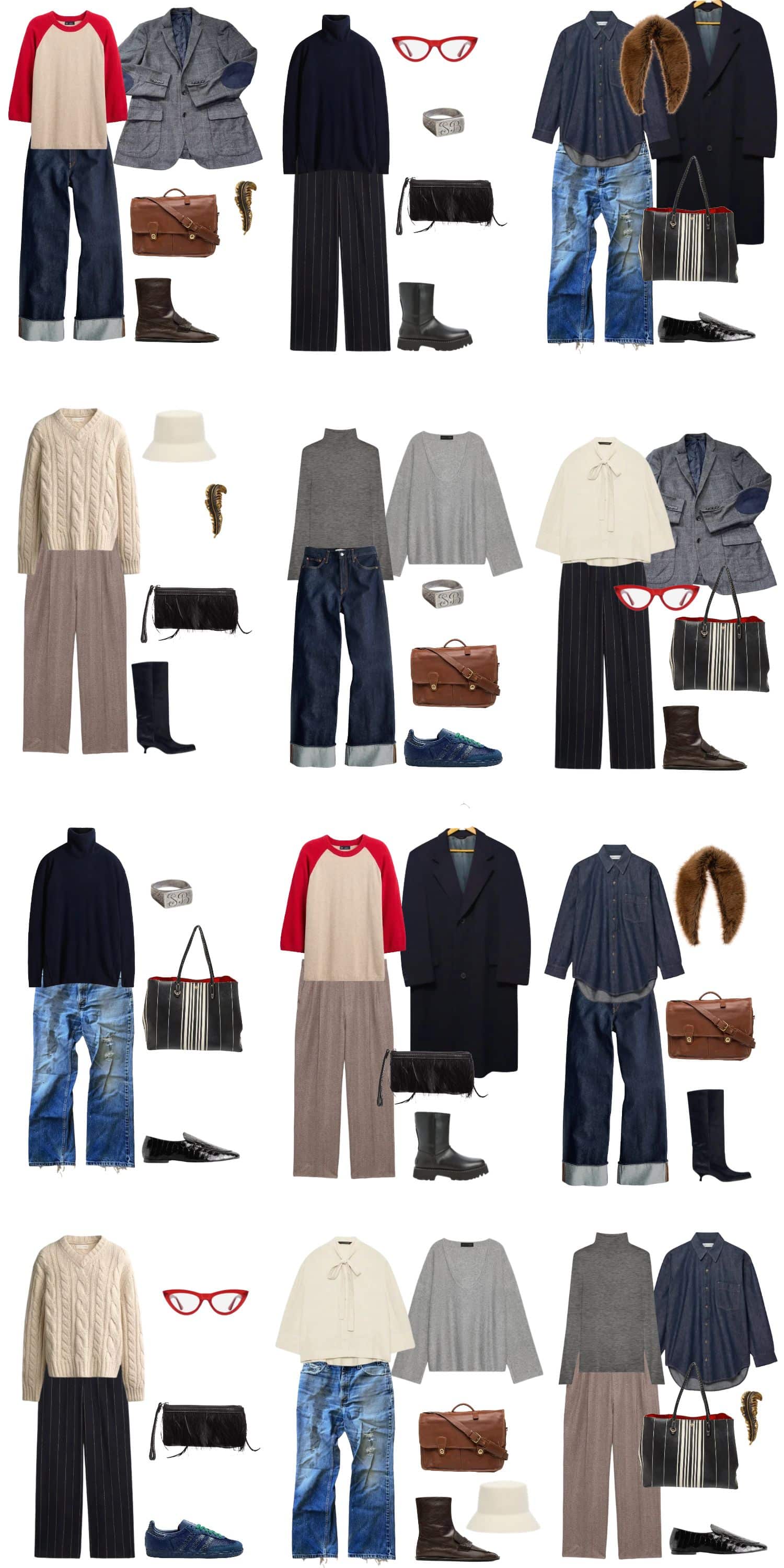 A white background with 12 outfits for The Ghostwriter Winter Capsule Wardrobe.