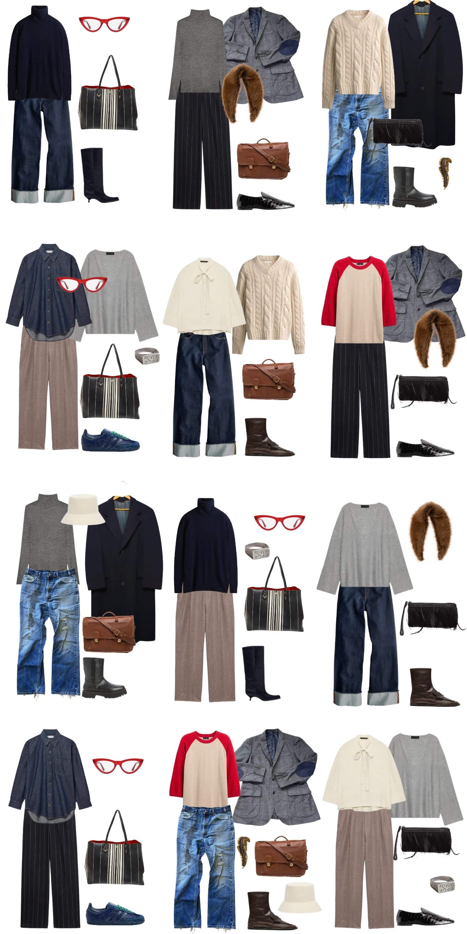 A white background with 12 outfits for The Ghostwriter Winter Capsule Wardrobe.