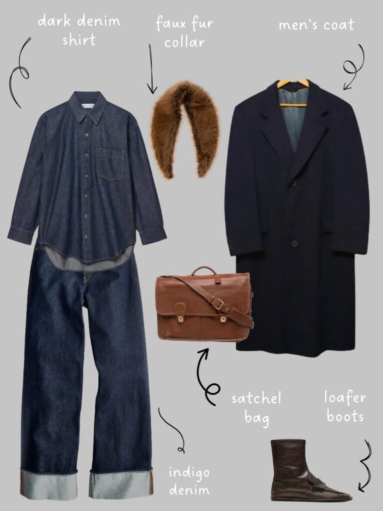A photo of an outfit of a dark denim shirt paired with indigo jeans, an men's navy blue wool coat, a brown faux fur collar, brown leather satchel bag, and brown boot/loafer hybrid shoes.