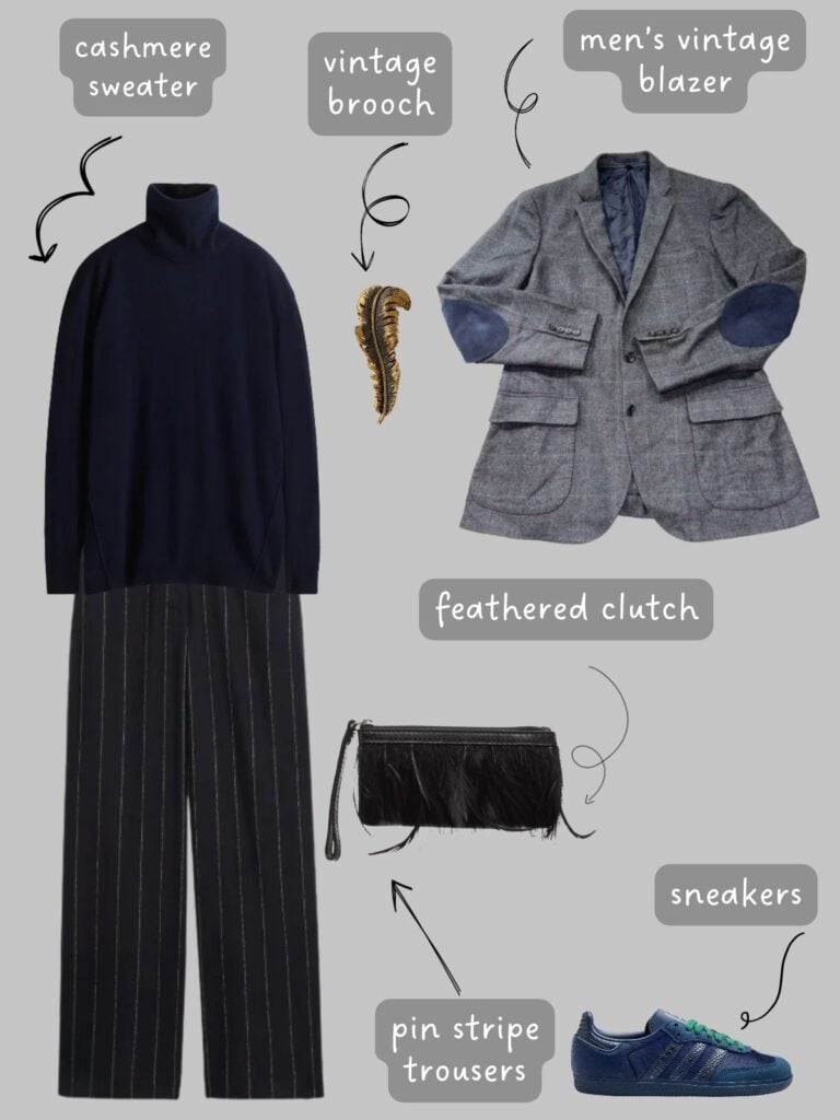 A photo of an outfit of a navy blue cashmere turtleneck sweater with navy pinstripe trousers, a grey men's blazer with navy elbow patches, a gold tone feather brooch, a black clutch, and navy sneakers.