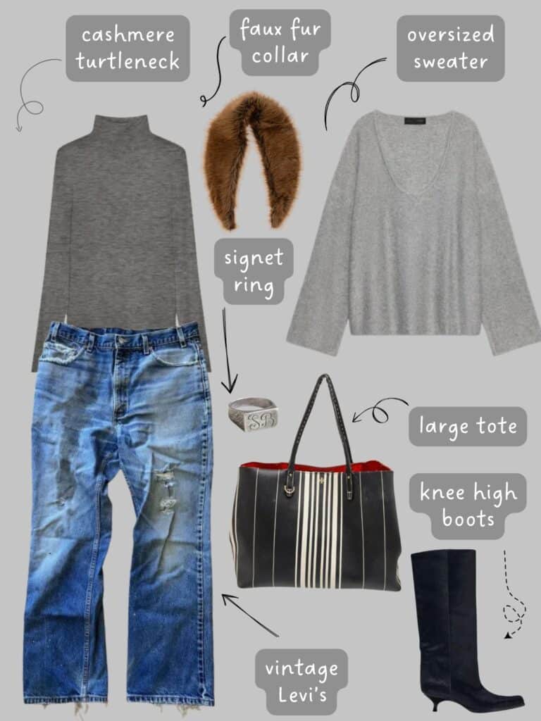A photo of an outfit of a grey cashmere turtleneck layered under a grey sweater with a deep scoop front, a brown faux fur removable collar, vintage levis, a silver signet ring, black knee high boots, and a black and white striped tote.