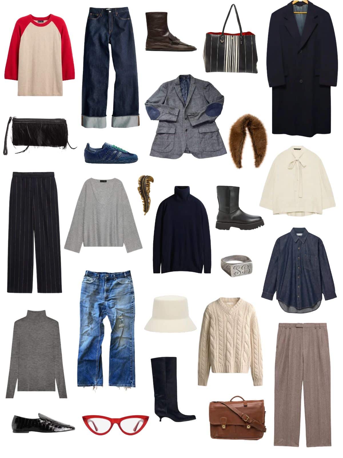 A white background with 12 pieces plus shoes and accessories for The Ghostwriter Winter Capsule Wardrobe.