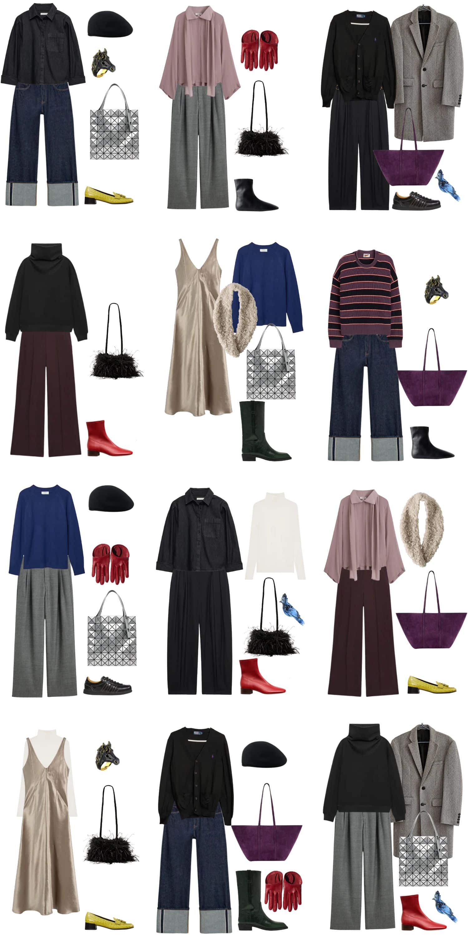 A white background with 12 outfits for The Grudge Winter Capsule Wardrobe.