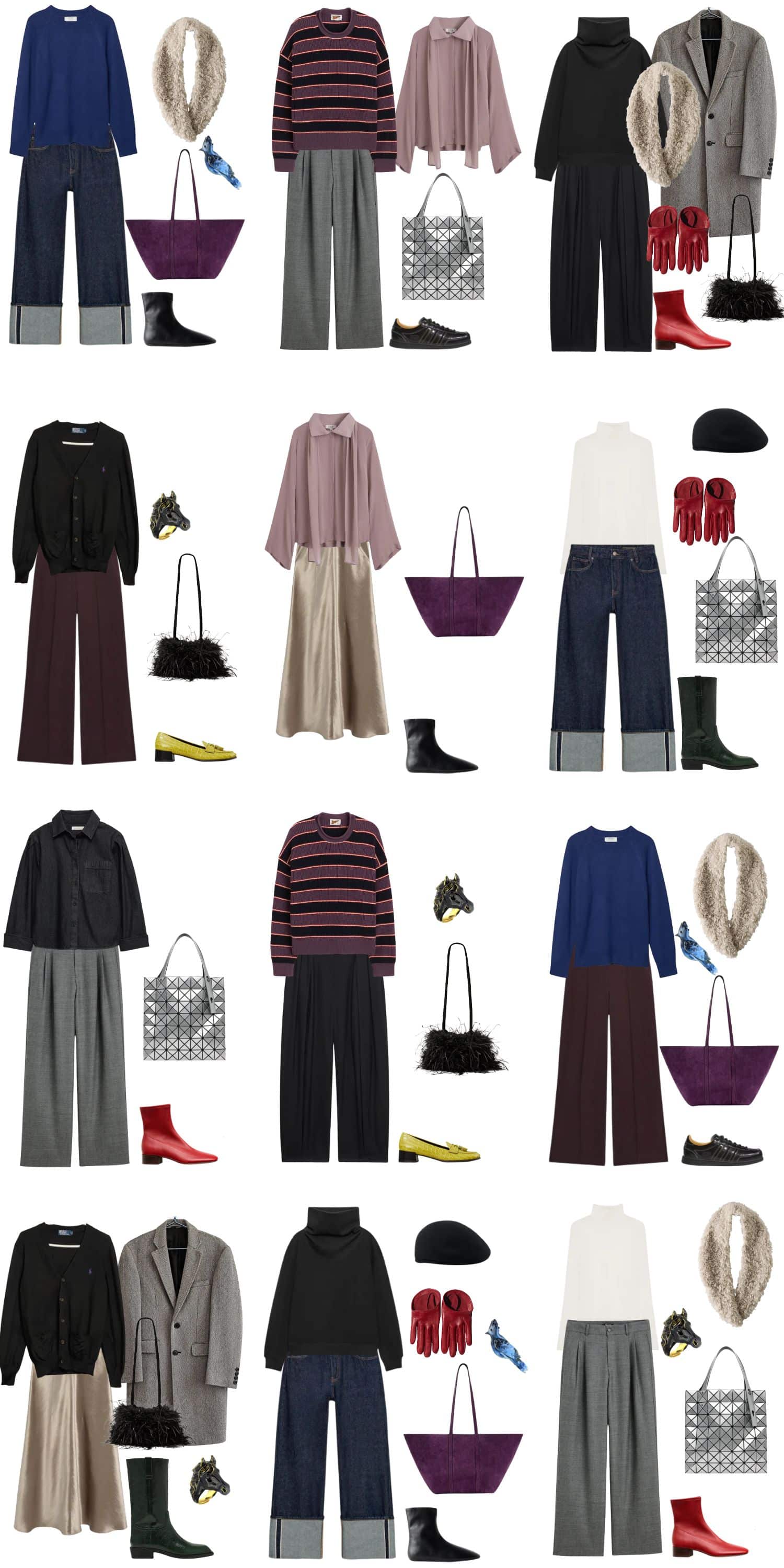 A white background with 12 outfits for The Grudge Winter Capsule Wardrobe.