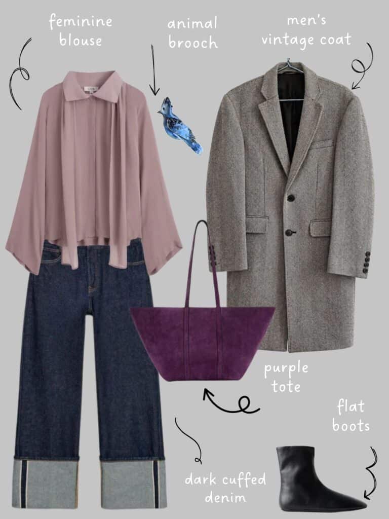 A photo of an outfit of a mauve feminine sweater and dark indigo cuffed jeans, a men's vintage herringbone coat, a bird brooch, purple suede tote, and flat black boots.