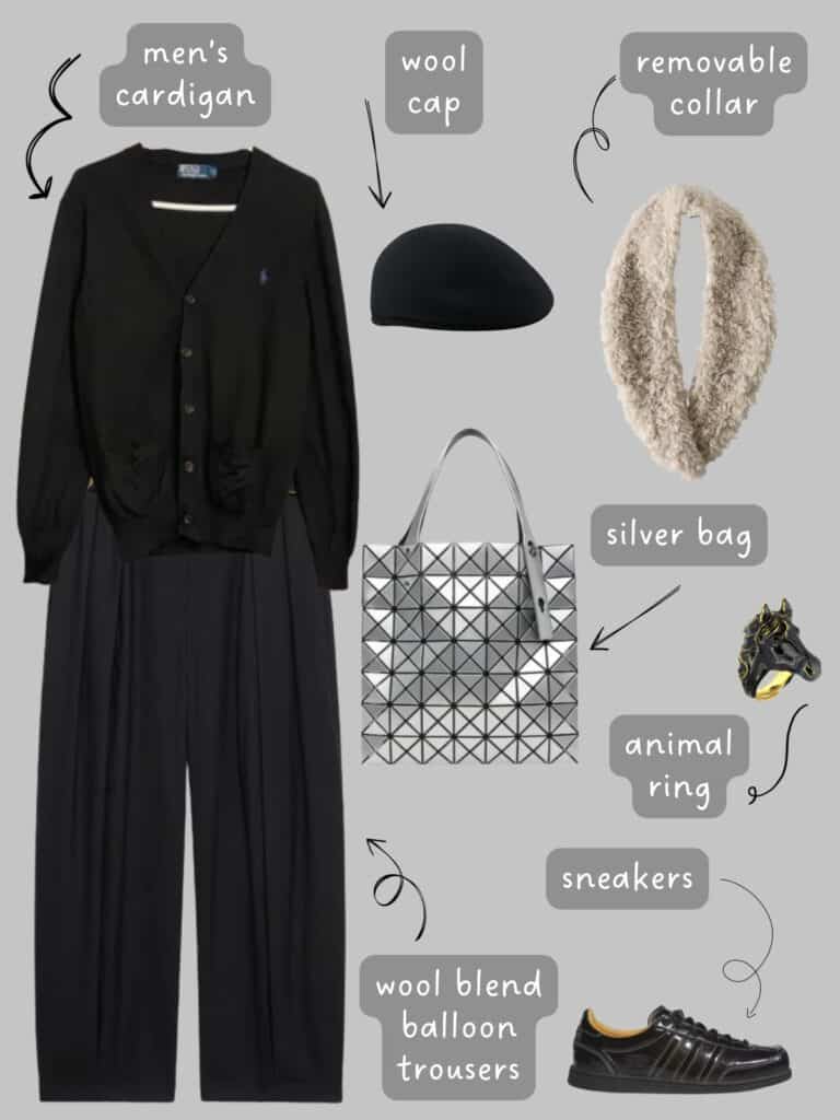 A photo of an outfit of a black men's cardigan, balloon leg trousers, a wool cap, removable faux fur collar, a horse head ring, black square toe sneakers, and a silver Bao Bao bag.