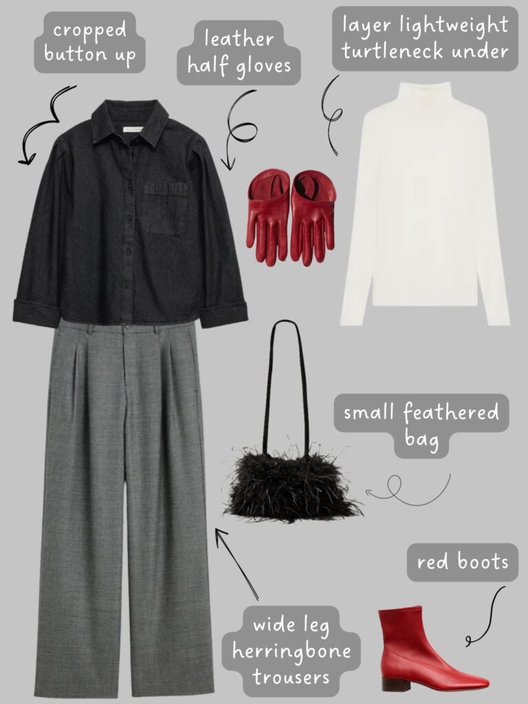 A photo of an outfit of a black cropped button up layered over a cream lightweight turtleneck, grey herringbone trousers, red leather half gloves, a feather bag, and red block heel boots.