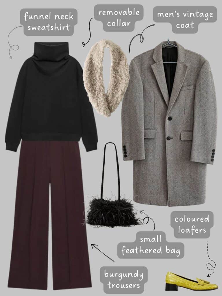 A photo of an outfit of a black cowl neck sweatshirt, with burgundy trousers, a men's vintage coat, removable faux fur collar, a small feathered bag, a avocado coloured heeled loafers.