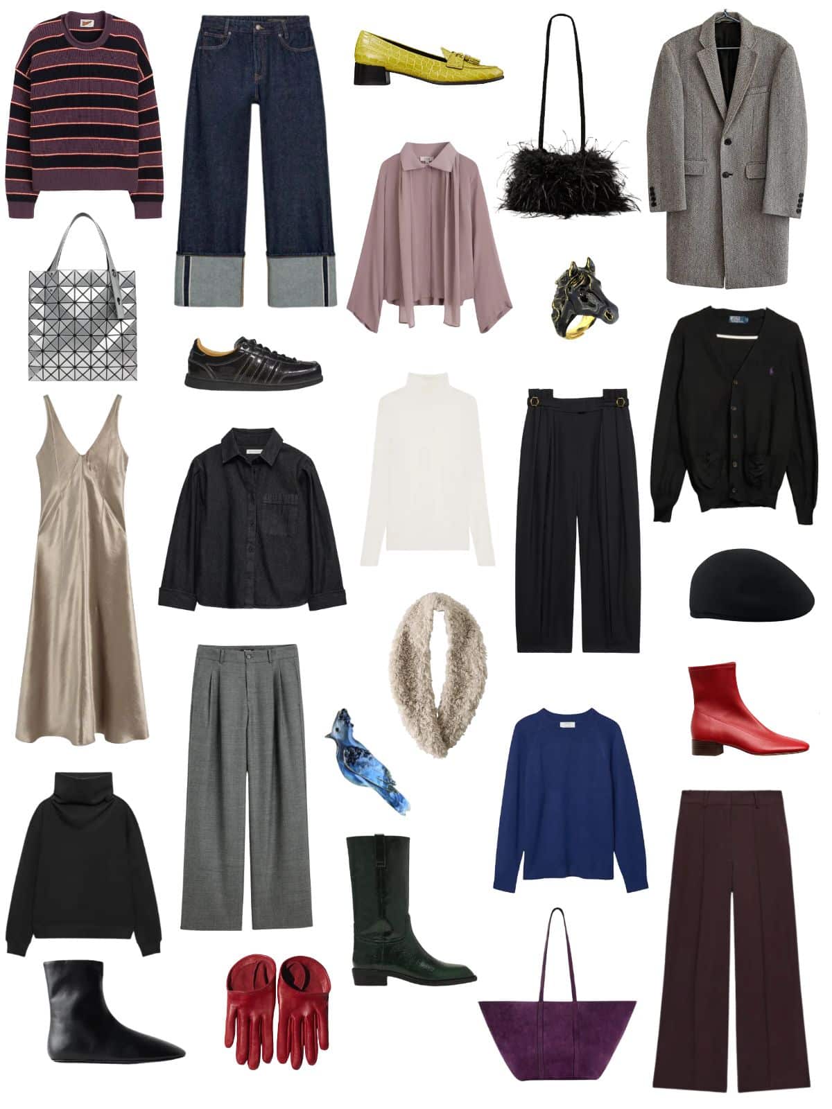 A white background with 12 clothing items plus shoes and accessories for The Grudge Winter Capsule Wardrobe.