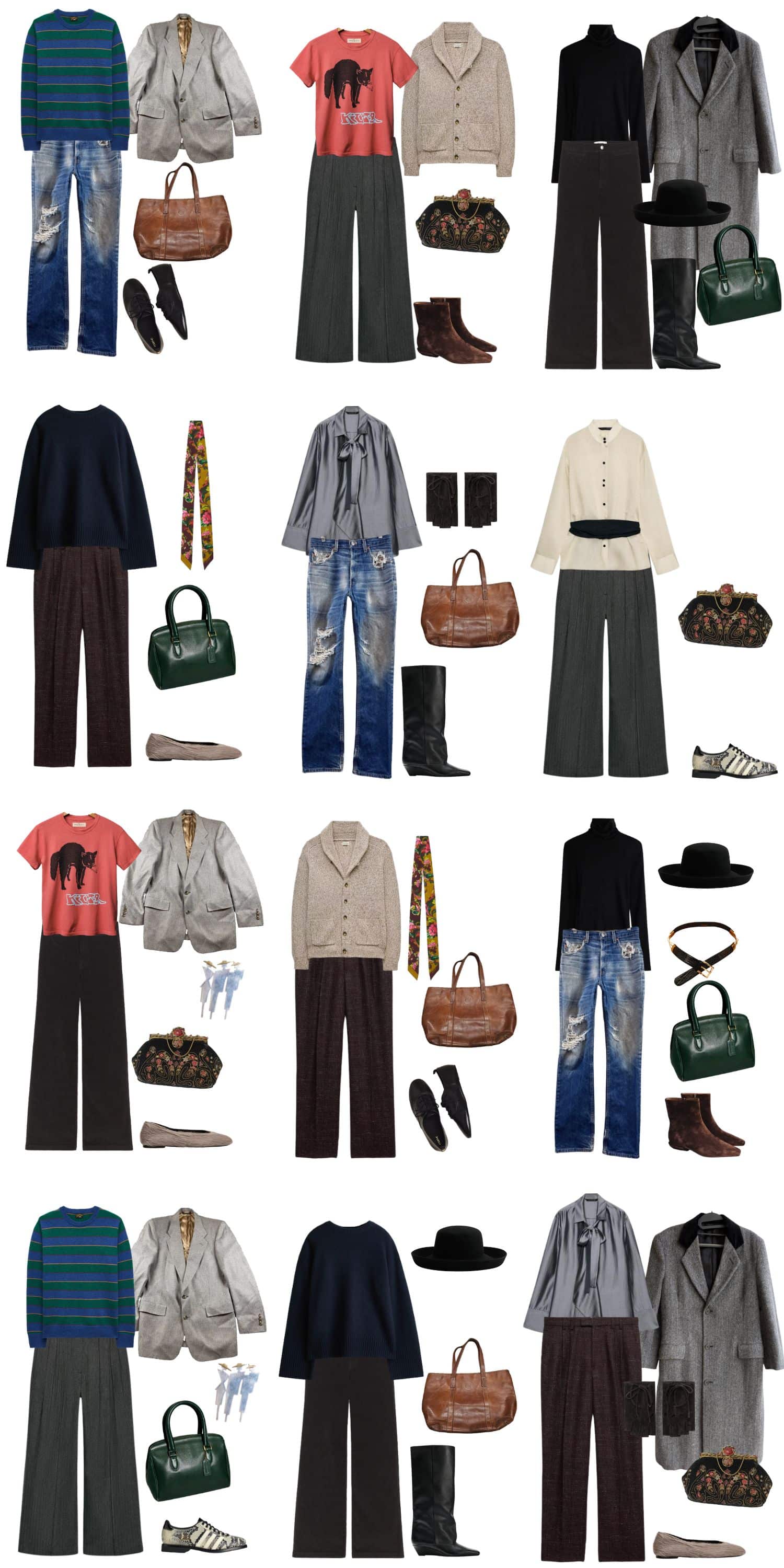 A white background with 12 outfits for The Unfinished Woman Fall Capsule Wardrobe.