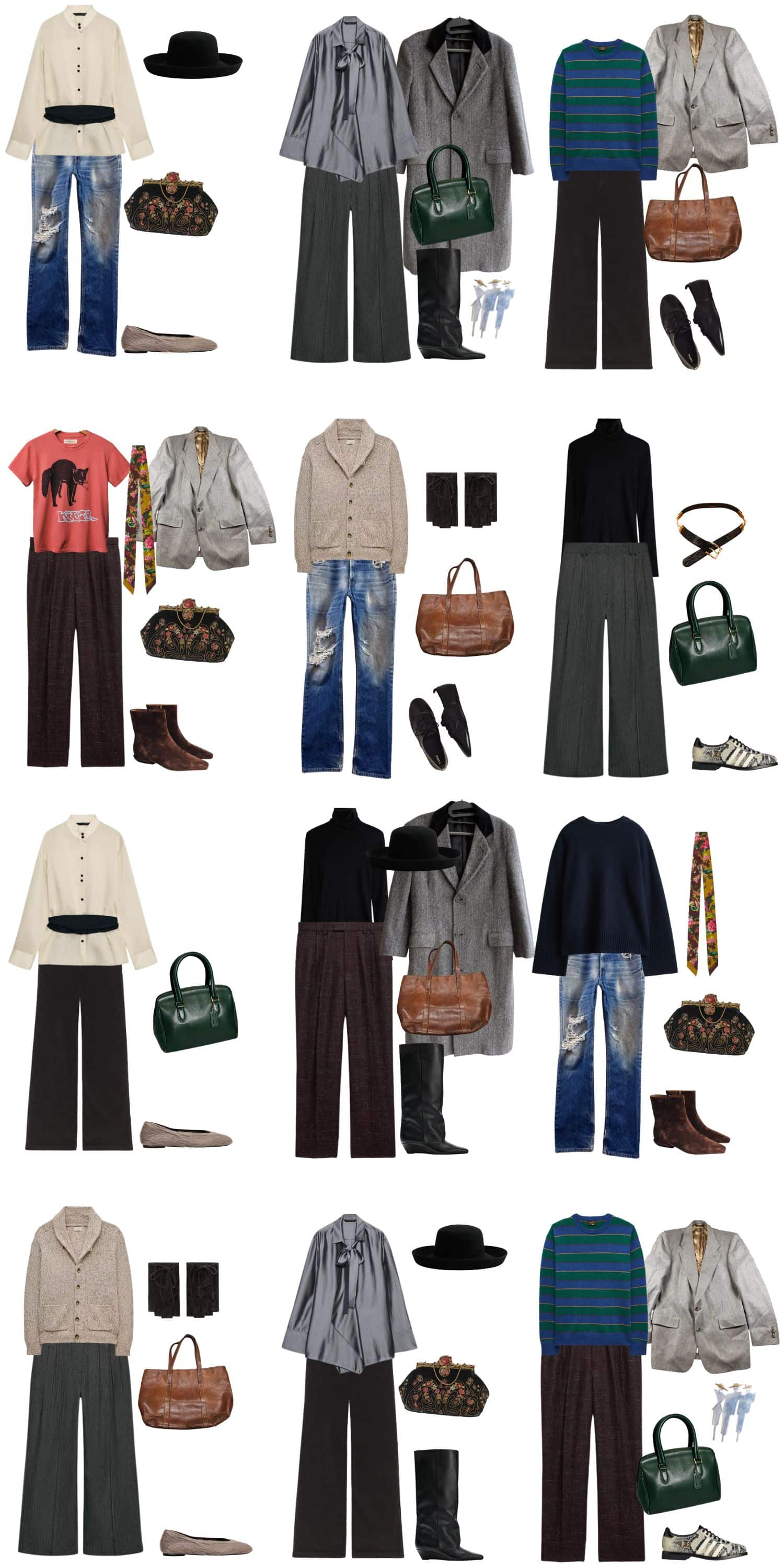 A white background with 12 outfits for The Unfinished Woman Fall Capsule Wardrobe.