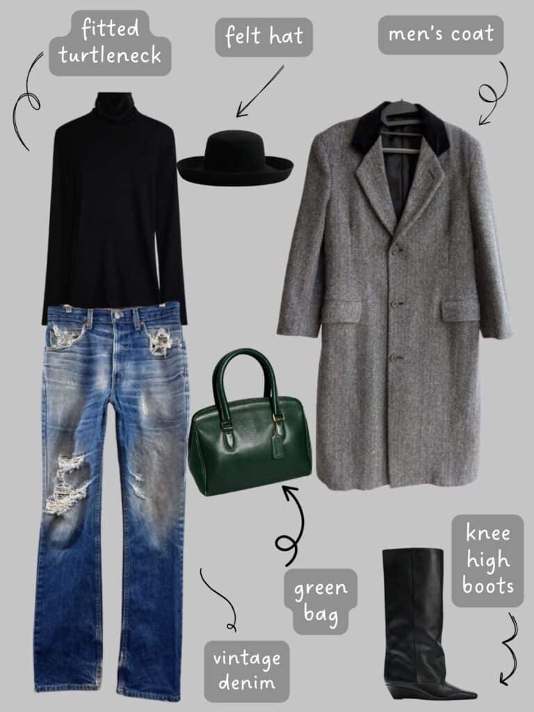 A photo of an outfit of a black turtleneck with vintage Levis, a black felt hat with a brim, men's grey coat, knee high black wedge boots, and a dark green handbag.