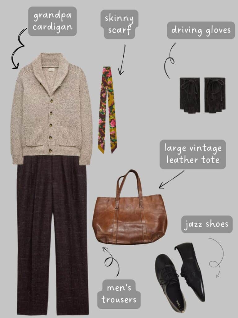 A photo of an outfit of a beige grandpa cardigan, with men's brown trousers, a floral skinny scarf, brown driving gloves, a brown leather tote, and black jazz shoes.