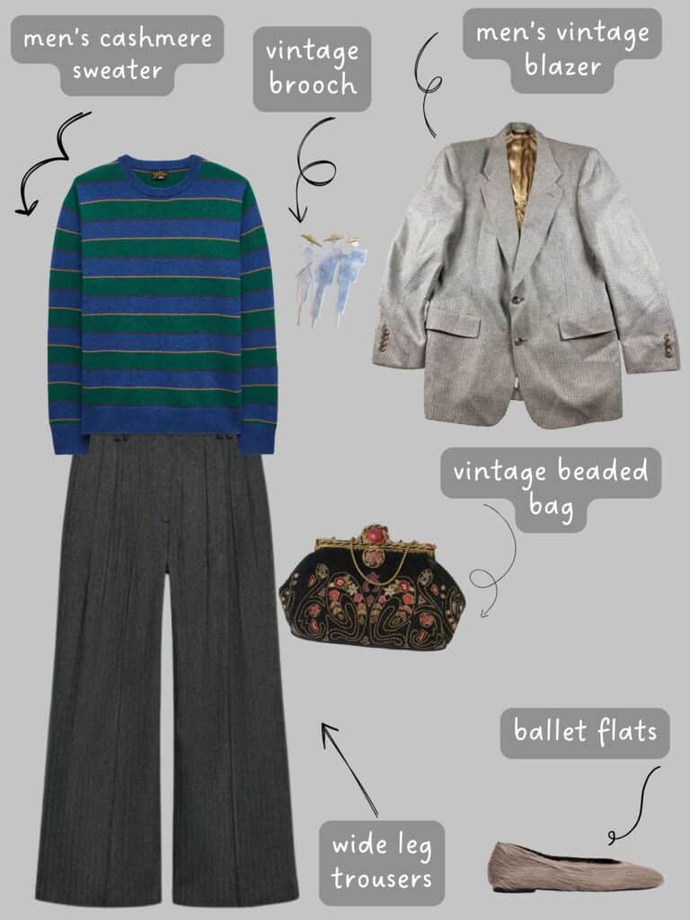 A photo of an outfit of an green and blue striped men's cashmere sweater, a men's grey blazer, wide leg grey trousers, an 80s brooch, vintage beaded bag, and taupe calf hair flats.