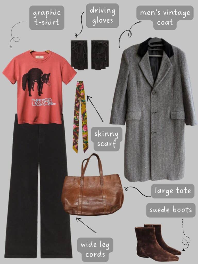 A photo of an outfit of awashed red grpahic tee with a black cat on it, black cords, brown suede driving gloves, a floral skinny scarf, men's grey herringbone coat, a vintage large, brown leather tote, and brown suede boots.