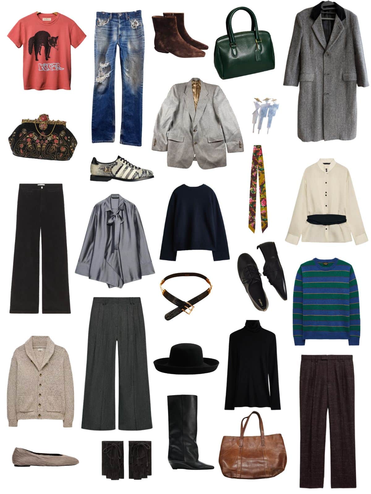 A white background with 12 pieces plus shoes and accessories for The Unfinished Woman Fall Capsule Wardrobe.