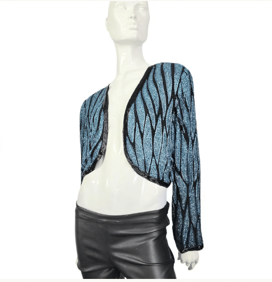 Vintage Carina Turquoise and Black Heavily Beaded Jacket M/L