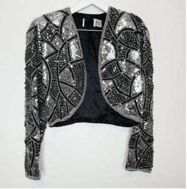 Vintage Silk Beaded Jacket Ornate Heavy Silver Metallic Bolero Loehmann's