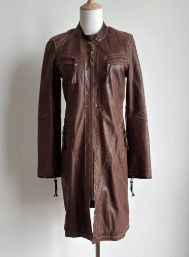 Genuine Leather Studded Trench Coat Dusty Brown Avant Garde Zip Funnel Designer Leather Coat