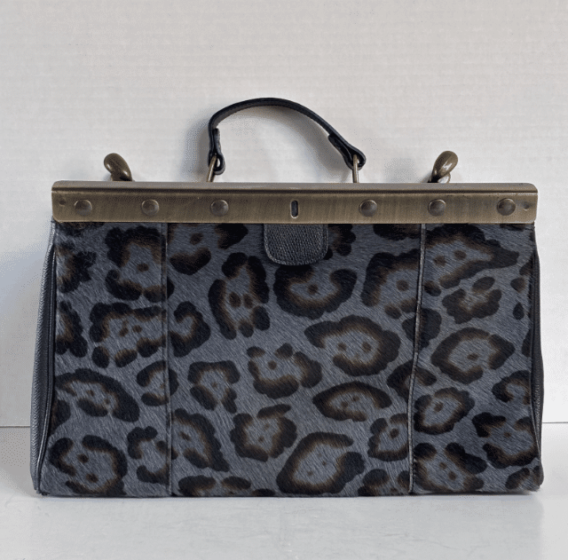 Innue Italy Leopard Calf Hair Leather Doctor Bag Frame Satchel Handle Vintage