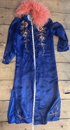 Upcycled Vintage Chinese Silk Robe with Mongolian Wool Collar – Embroidered Blue Statement Coat