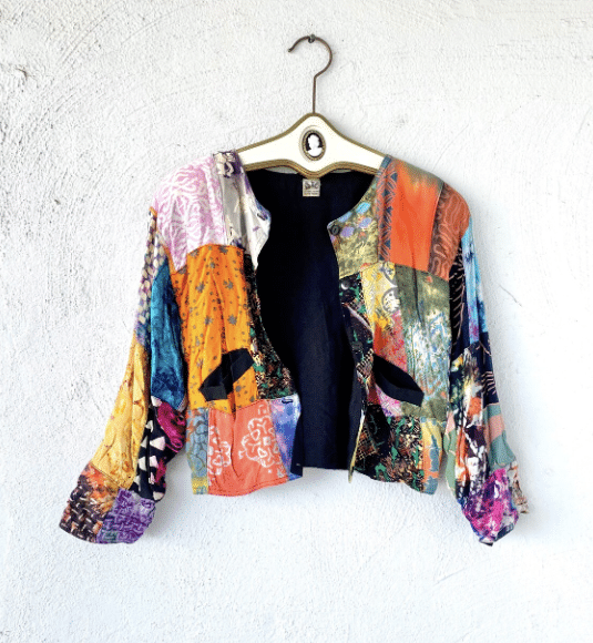 Vintage 90s Patchwork Cropped Jacket 1990s Boho Cardigan Top