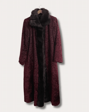 Vintage Burgundy Faux Fur Statement Coat | Faux Persian Lamb Astrakhan | Faux Fur Trim Longline Maxi Opera Coat | 80s 90s, Statement Coat
