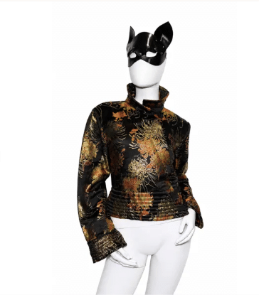 Vintage 1980s Silk Brocade Jacket Handmade Chinese Inspired Quilted Peplum Frog Closure Black Gold